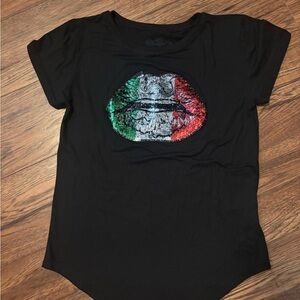 Black Tee with Mexican  Flag Sequin Lip Design